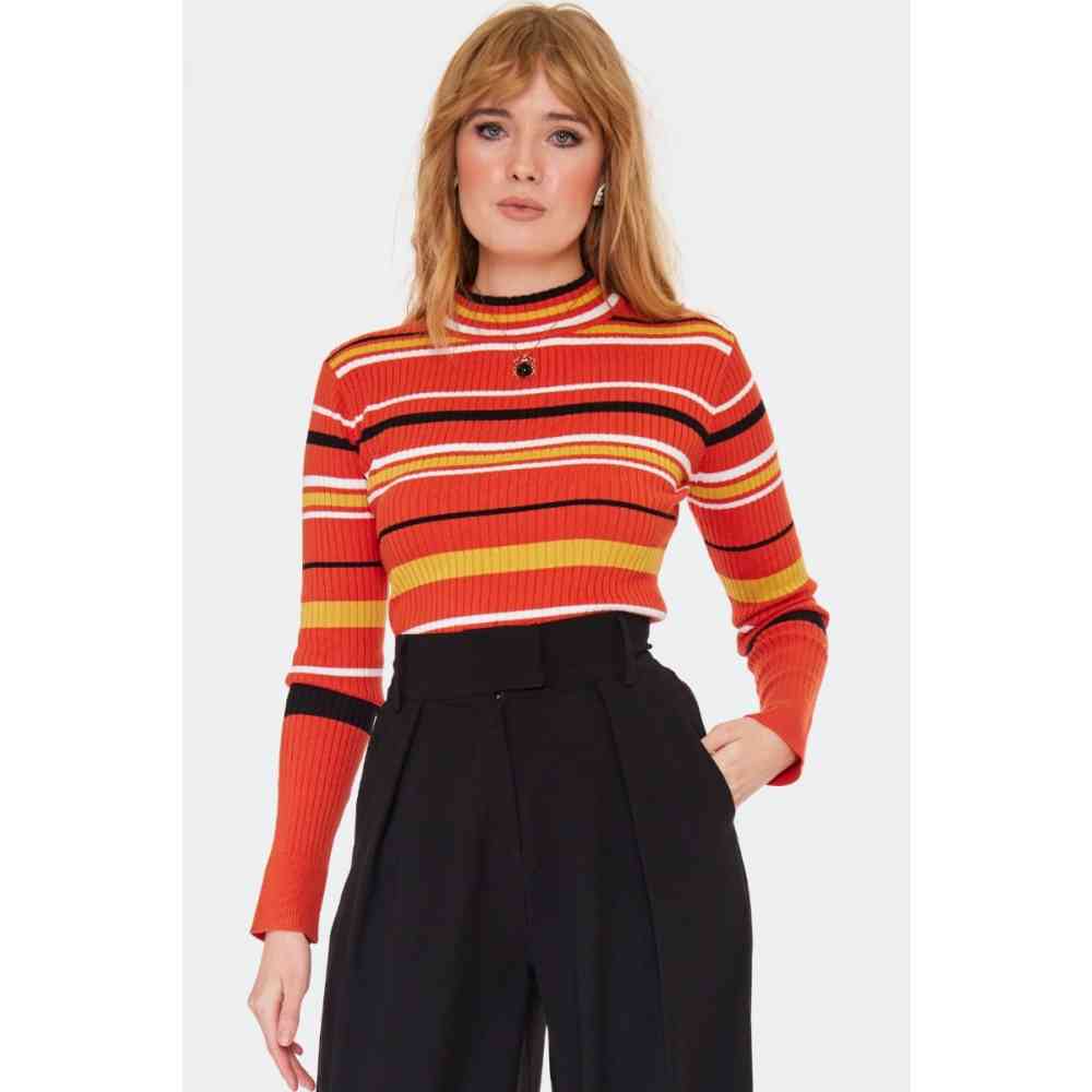 Voodoo Vixen - Orange Striped High Neck Sweater/trui - Oranje